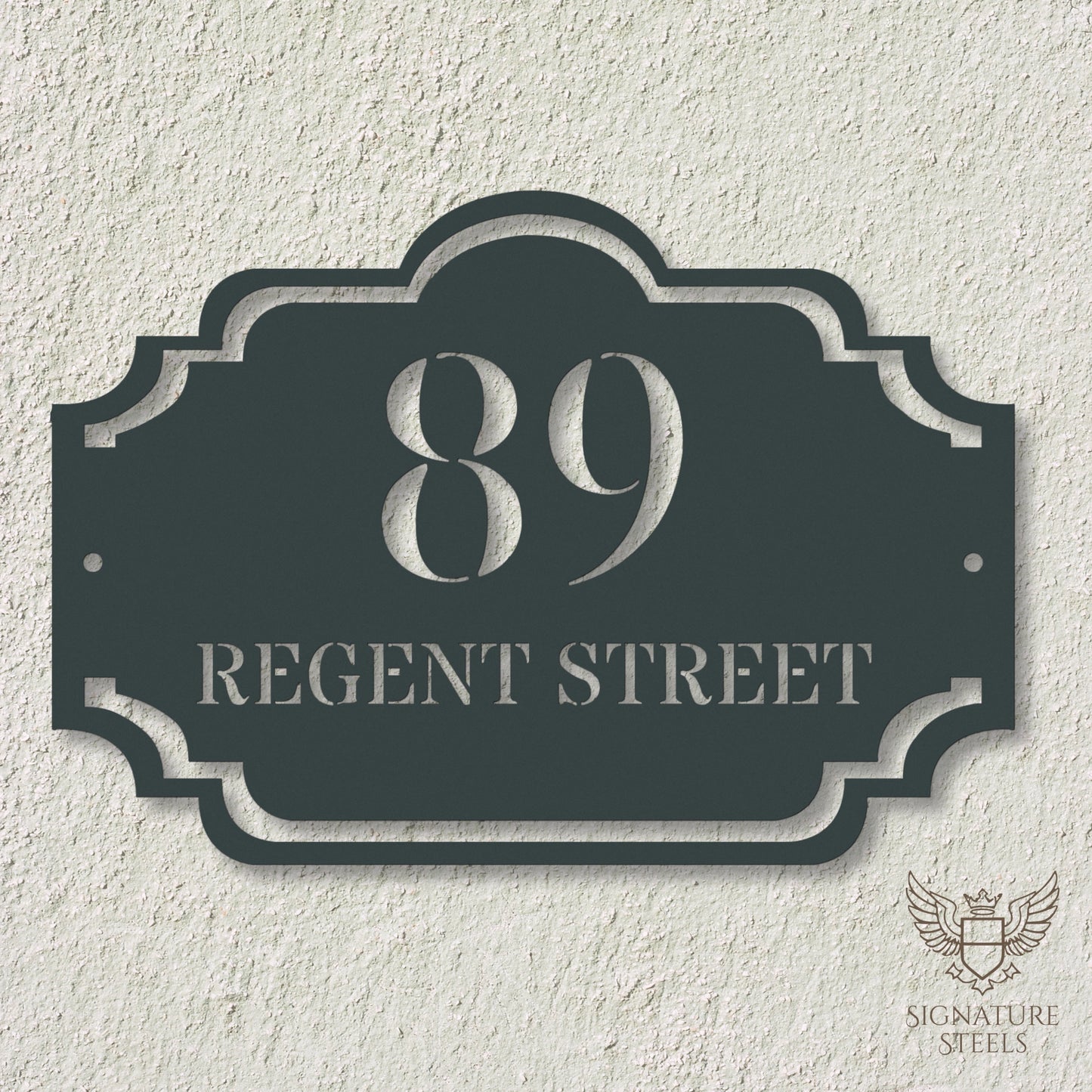 Traditional Arched Metal House Sign with Decorative Frame