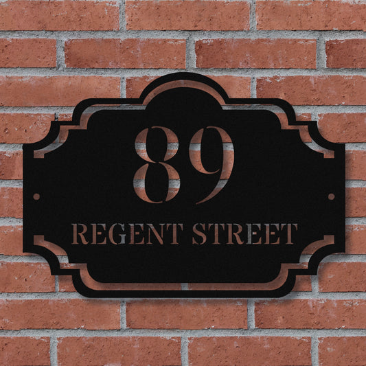 Traditional Arched Metal House Sign with Decorative Frame