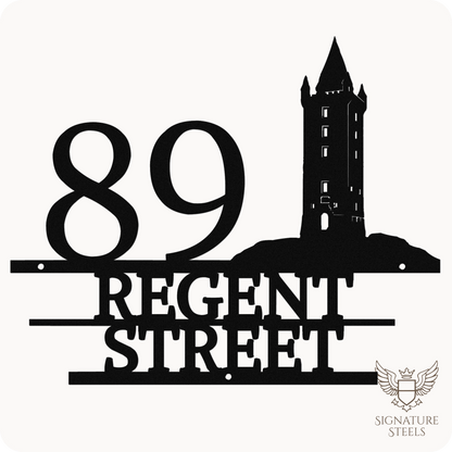 Black metal address sign with house number 89, street name Regent Street, horizontal parallel lines and a silhouette of Scrabo Tower, a landmark of Newtownards in Northern Ireland.
