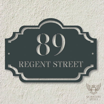 Traditional Arched Metal House Sign with Decorative Frame