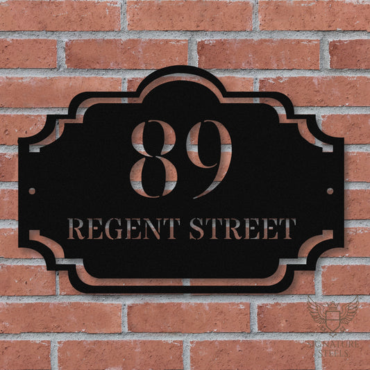 Traditional Arched Metal House Sign with Decorative Frame