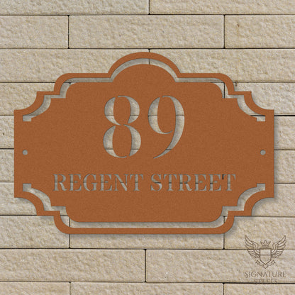 Traditional Arched Metal House Sign with Decorative Frame