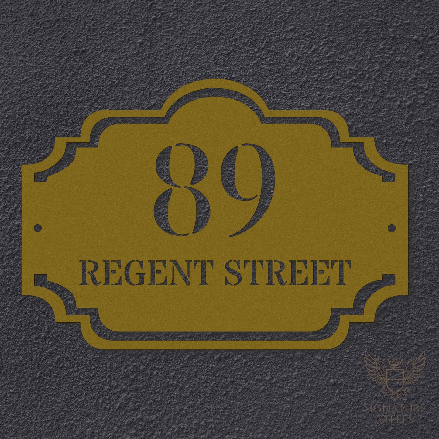 Traditional Arched Metal House Sign with Decorative Frame