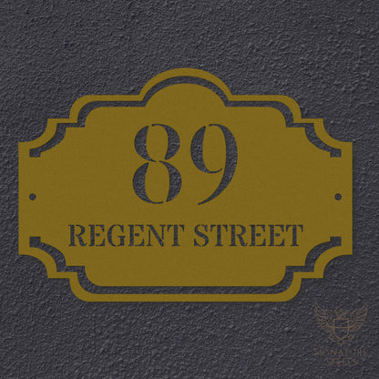 Traditional Arched Metal House Sign with Decorative Frame