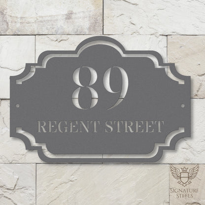 Traditional Arched Metal House Sign with Decorative Frame