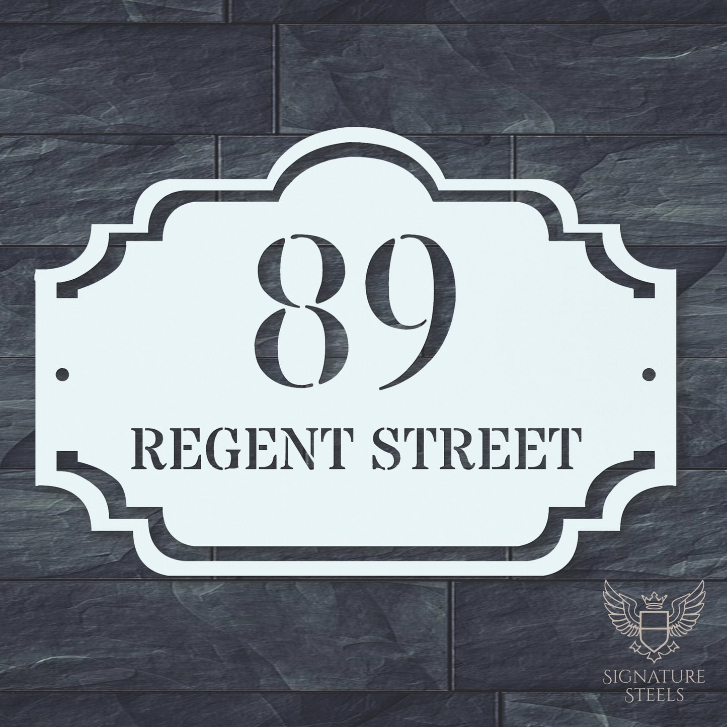 Traditional Arched Metal House Sign with Decorative Frame