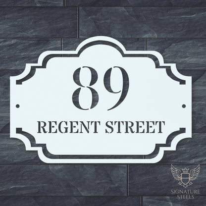 Traditional Arched Metal House Sign with Decorative Frame