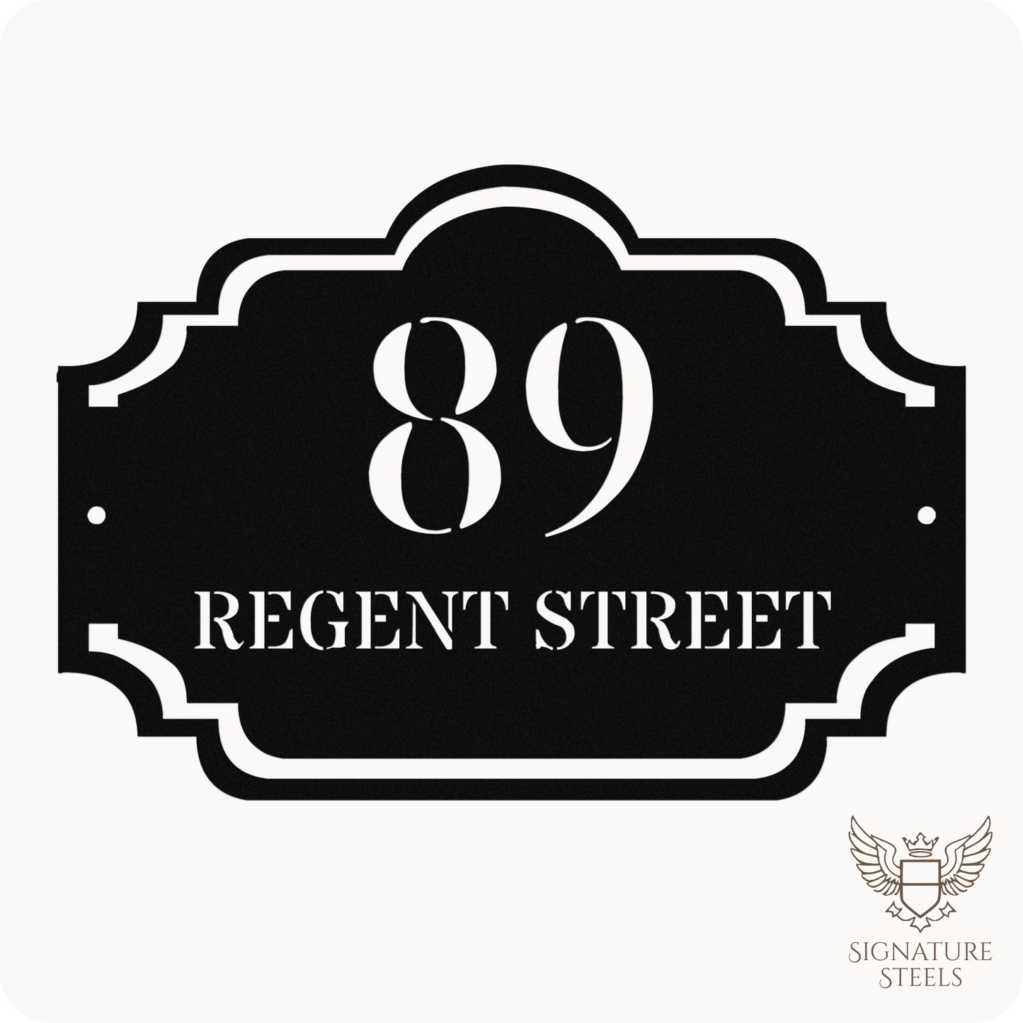 Traditional Arched Metal House Sign with Decorative Frame