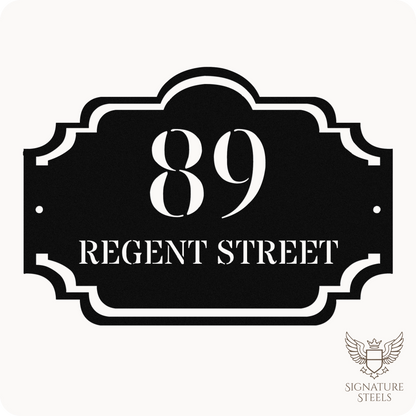 Traditional Arched Metal House Sign with Decorative Frame